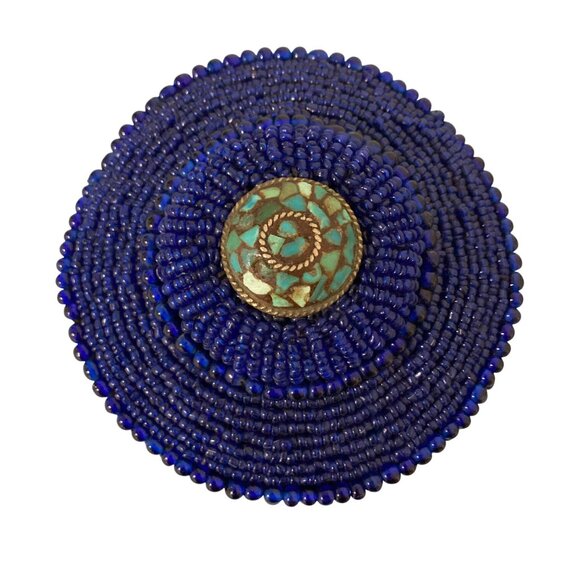 Blue Beaded Trinket Box With Turquoise Mosaic Top - Picture 2 of 9